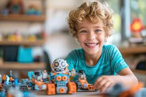 A joyful young Caucasian boy with curly hair, engaged in creative play with colorful robot toys at a bright indoor workspace. photo