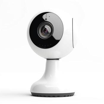 A sleek, modern white security camera with a rounded design, showcasing advanced technology in home surveillance. photo