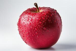 A fresh, glistening red apple covered in water droplets, showcasing its vibrant color and texture. photo