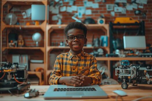 Smiling Black boy in glasses sitting at a desk with a laptop, surrounded by creative tools in a lively workspace. photo