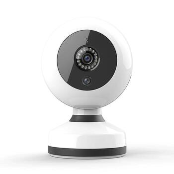 A sleek, modern white security camera on a simplified base, showcasing a professional design appealing for home surveillance. photo