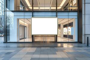 Modern storefront featuring a blank billboard, showcasing sleek architecture and minimalistic design in an urban setting. photo