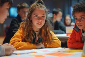 A diverse group of children collaborate on a project, showcasing creativity and teamwork in a vibrant classroom setting. photo