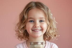 A cheerful Caucasian girl with curly hair smiles brightly while holding a jar against a soft pink background. photo
