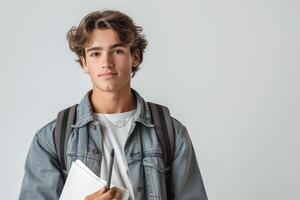 A young Caucasian male student stands confidently holding a notebook and pen, ready for his next class. photo