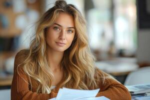 A young Caucasian woman with long, wavy hair sits confidently at a desk, surrounded by documents in a bright, airy workspace. photo