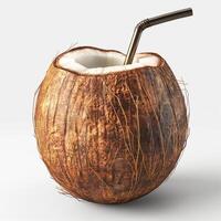 A fresh coconut with a metallic straw, showcasing a natural and refreshing drink perfect for summer. photo