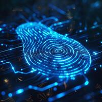 A futuristic digital fingerprint design illuminated in blue, representing technology and security innovation. photo