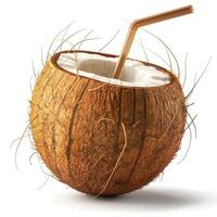A realistic depiction of a coconut with a straw, symbolizing tropical refreshment. photo