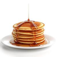Stack of fluffy pancakes drizzled with golden syrup on a white plate. photo