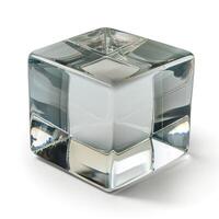 A pristine glass cube with sharp edges, reflecting light beautifully against a white background. photo
