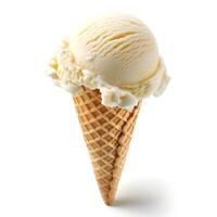 A delicious vanilla ice cream scoop in a waffle cone, perfect for a sweet treat on a sunny day. photo