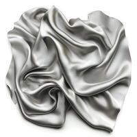 Luxurious silver silk fabric draped elegantly, showcasing intricate folds and smooth textures. photo