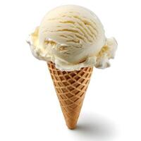 A delicious scoop of vanilla ice cream served in a crunchy waffle cone. photo