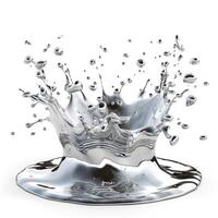 A captivating splash of liquid mercury, showcasing intricate droplets and ripples against a clean white background. photo