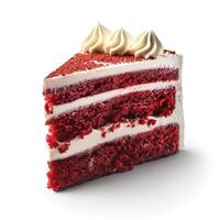 A delicious slice of red velvet cake topped with cream frosting swirls, showcasing rich red layers and a fluffy texture. photo