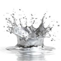 A stunning splash of liquid metal creates mesmerizing ripples and droplets against a white background. photo