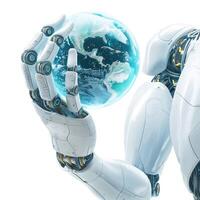 A futuristic robotic hand delicately holds a glowing globe, symbolizing technology and environmental stewardship. photo
