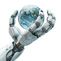 A futuristic robotic hand delicately holds a glowing globe, symbolizing technology and global connectivity. photo