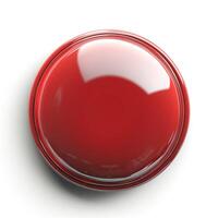 A glossy red button against a plain white background, reflecting light and creating a modern aesthetic. photo