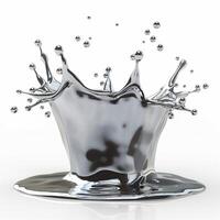 A stunning splash of liquid metal creating dynamic droplets against a smooth surface. photo