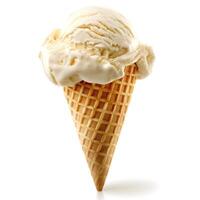 A delicious, creamy vanilla ice cream scoop atop a classic waffle cone, perfect for warm days. photo