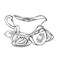 Black and white drawing of a sauceboat with tomato sauce, basil, a spoon, and sliced tomatoes. Suitable for packaging, menus, culinary design, and restaurant branding. vector