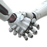 Futuristic robotic hands shaking, symbolizing collaboration between humans and technology. photo