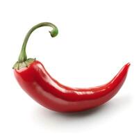 Bright red chili pepper showcasing its curved shape and green stem against a clean white background. photo