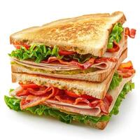 A towering club sandwich with layers of crispy bacon, fresh lettuce, tomatoes, and deli meats, served on toasted bread. photo