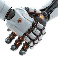 A futuristic robotic hand shakes another robotic hand, symbolizing technology and partnership. photo