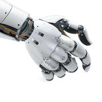 A futuristic robotic white hand reaches out, showcasing advanced mechanics and intricate details, symbolizing technology and innovation. photo
