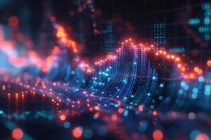 Abstract digital data visualization with vibrant blue and orange lights creating a wave-like pattern. photo