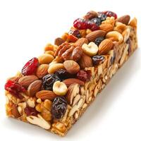 A delicious, colorful nut and fruit energy bar showcasing a medley of almonds, walnuts, and dried berries. photo