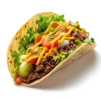 A delicious taco filled with seasoned ground beef, fresh vegetables, and vibrant cheese, perfect for a flavorful meal. photo