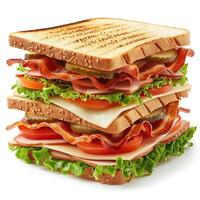 A towering triple-decker sandwich featuring crispy bacon, fresh vegetables, and layers of cheese, resting on toasted bread. photo