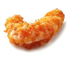 A crispy fried shrimp in golden batter, served against a white background. photo