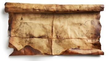 Ancient scroll with intricate designs, showcasing age and historical significance. photo