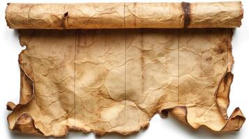 Ancient parchment scroll with rustic texture and tattered edges, evoking a sense of history and mystery. photo