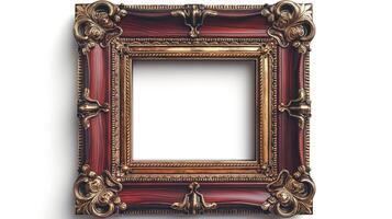 An ornate, vintage-style picture frame with intricate gold detailing and a rich red finish, perfect for showcasing artwork. photo