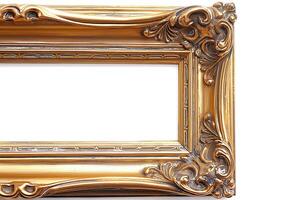 Intricate antique gold picture frame detailed with elegant floral patterns and classic design. photo