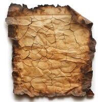 Aged and crumpled brown parchment paper with burn marks and deep cracks. photo