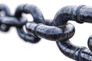 Close-up of a sturdy black metal chain against a bright background, showcasing its strength and texture. photo