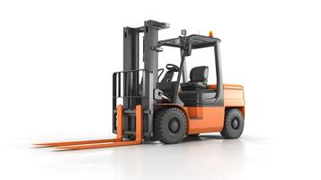 A modern forklift with bright orange accents, designed for industrial settings, showcasing its robust structure and functionality. photo