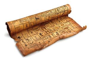 Ancient parchment featuring intricate hieroglyphs, showcasing historical symbols and artwork. photo