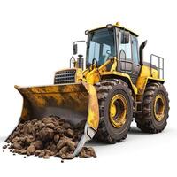 Heavy-duty yellow bulldozer with a large bucket full of dirt, ready for construction work. photo