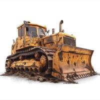An aged yellow bulldozer maneuvering dirt, showcasing rugged machinery and a robust design. photo