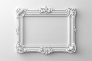 Elegant white ornate picture frame against a light background, perfect for showcasing art or photographs. photo