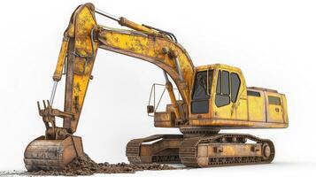 An aged yellow excavator stands ready for construction work, showcasing its robust build and worn-out features. photo