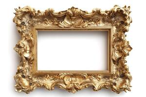 An ornate gold frame featuring intricate floral and cherubic designs, adding a touch of elegance to any artwork. photo
